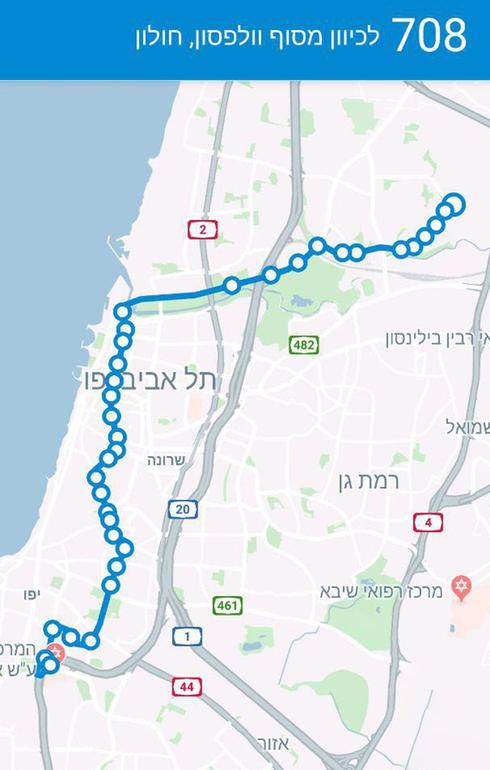קו 708 מתל אביב ל'וולפסון' | מפה מתוך ynet